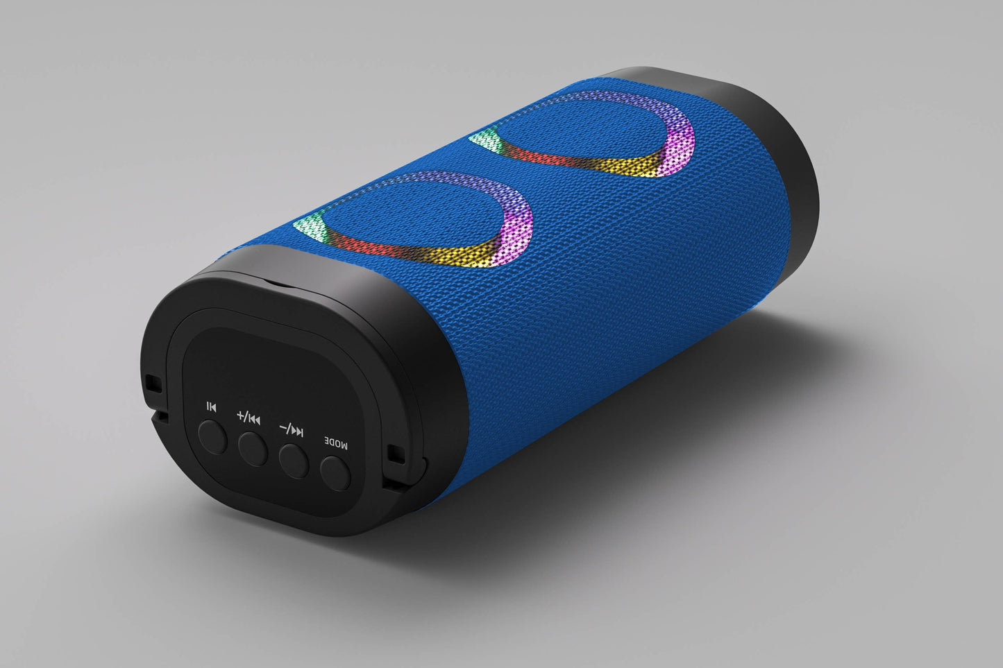 Blue and black portable speaker with colorful design on a gray background
