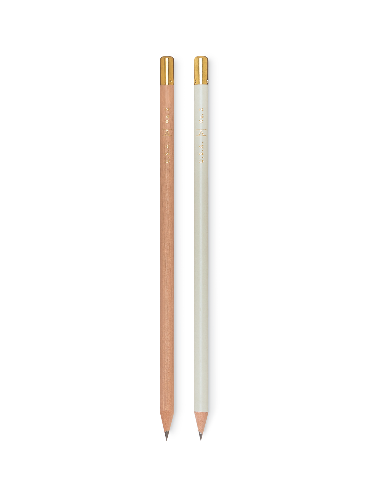 Two pencils, one brown and one white, with gold accents on a white background