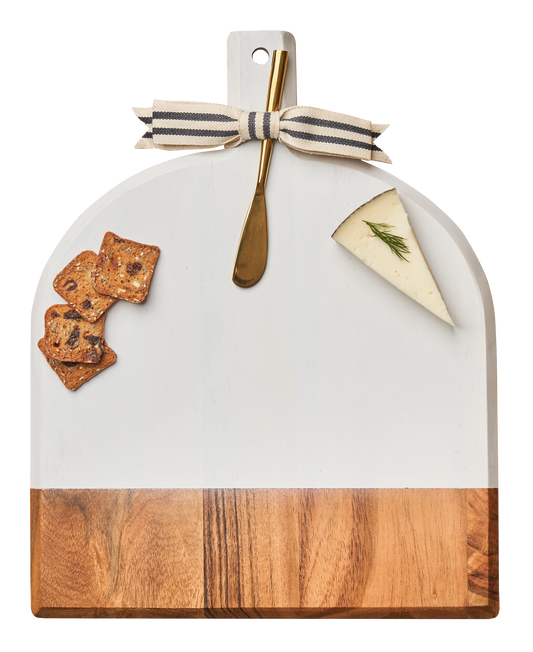🧀 White Acacia Charcuterie Board with Ribbon & Gold Spreader – 15" x 12"6"